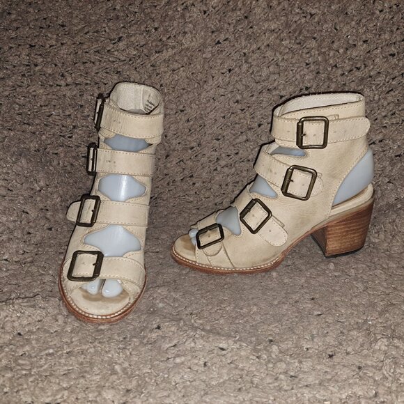 FREEBIRD BY STEVEN-Quail-Beige Leather Sandals Gladiator Wood Heel-Sz6-Excellent - Picture 5 of 9